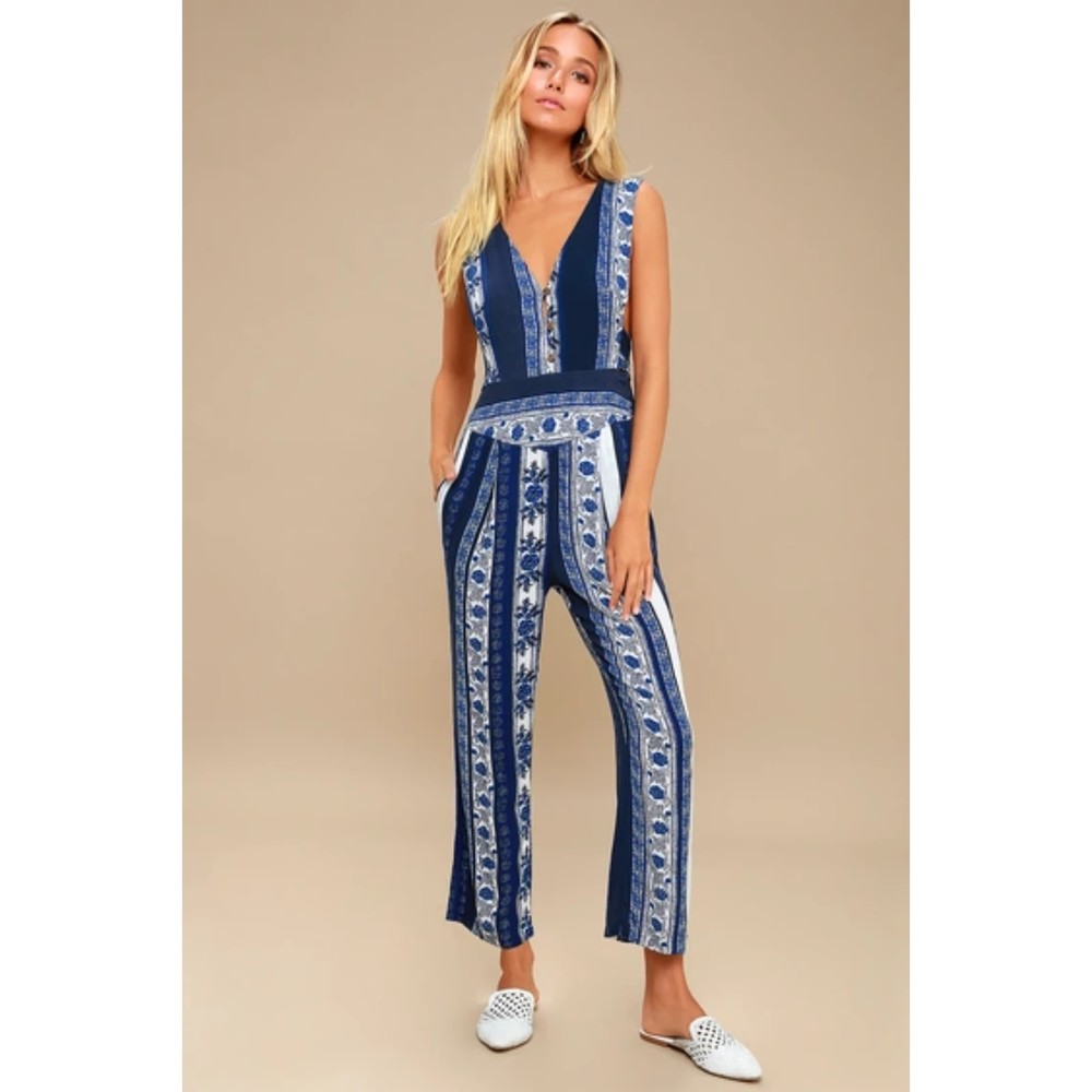 Free People All Shook Up Blue Print Sleeveless Blue Jumpsuit Size 6